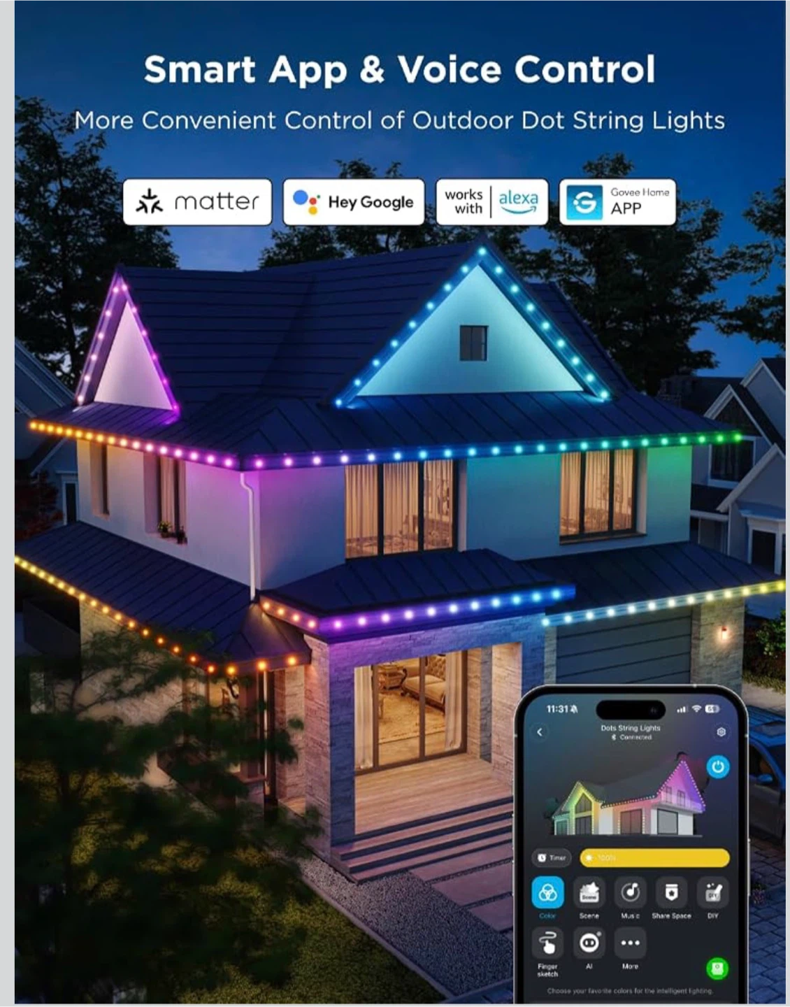 Govee Outdoor Dots String Lights, 50ft with 45 Smart RGBIC LED - photo 3