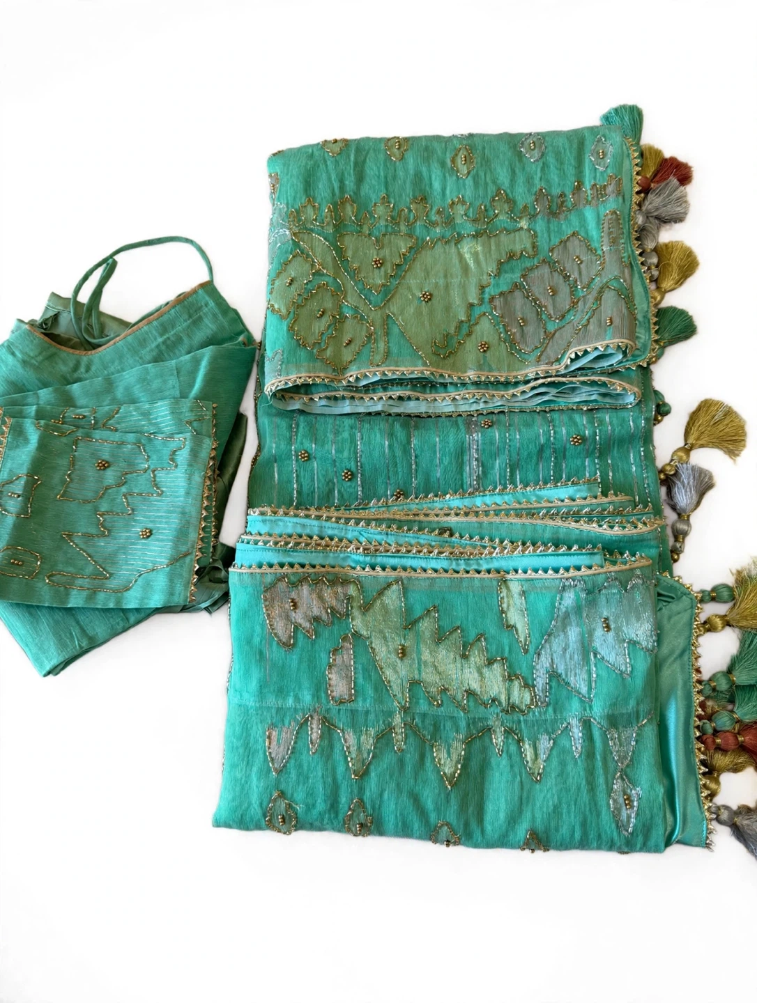 Mint Green Karchupi Saree — Gold Zari, Blouse Included