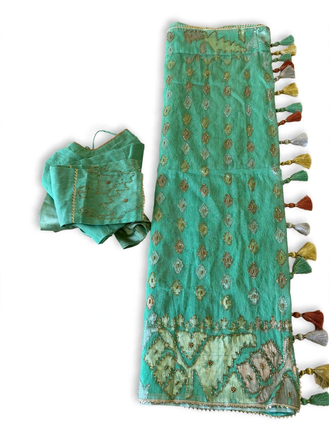 Mint Green Karchupi Saree — Gold Zari, Blouse Included - photo 2