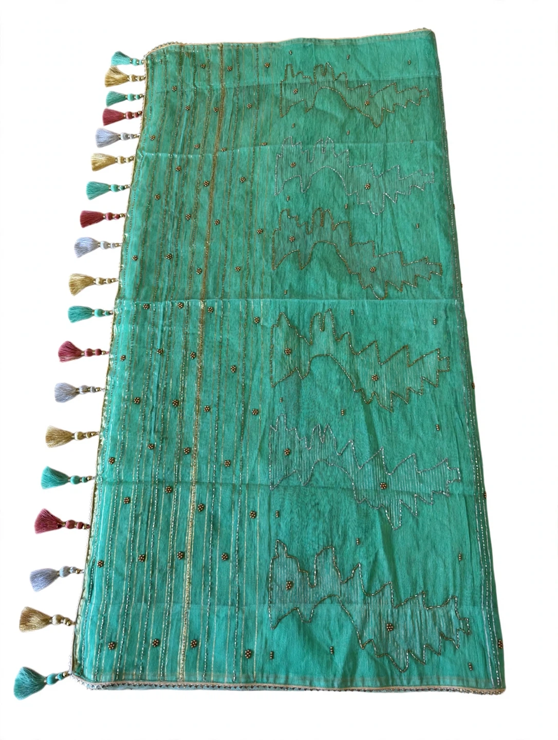 Mint Green Karchupi Saree — Gold Zari, Blouse Included - photo 3