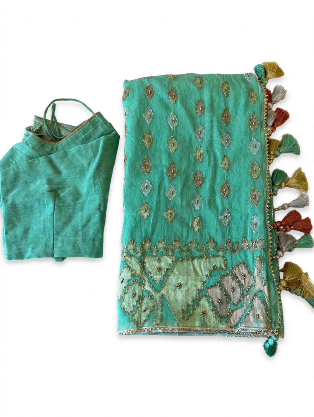 Mint Green Karchupi Saree — Gold Zari, Blouse Included - photo 4