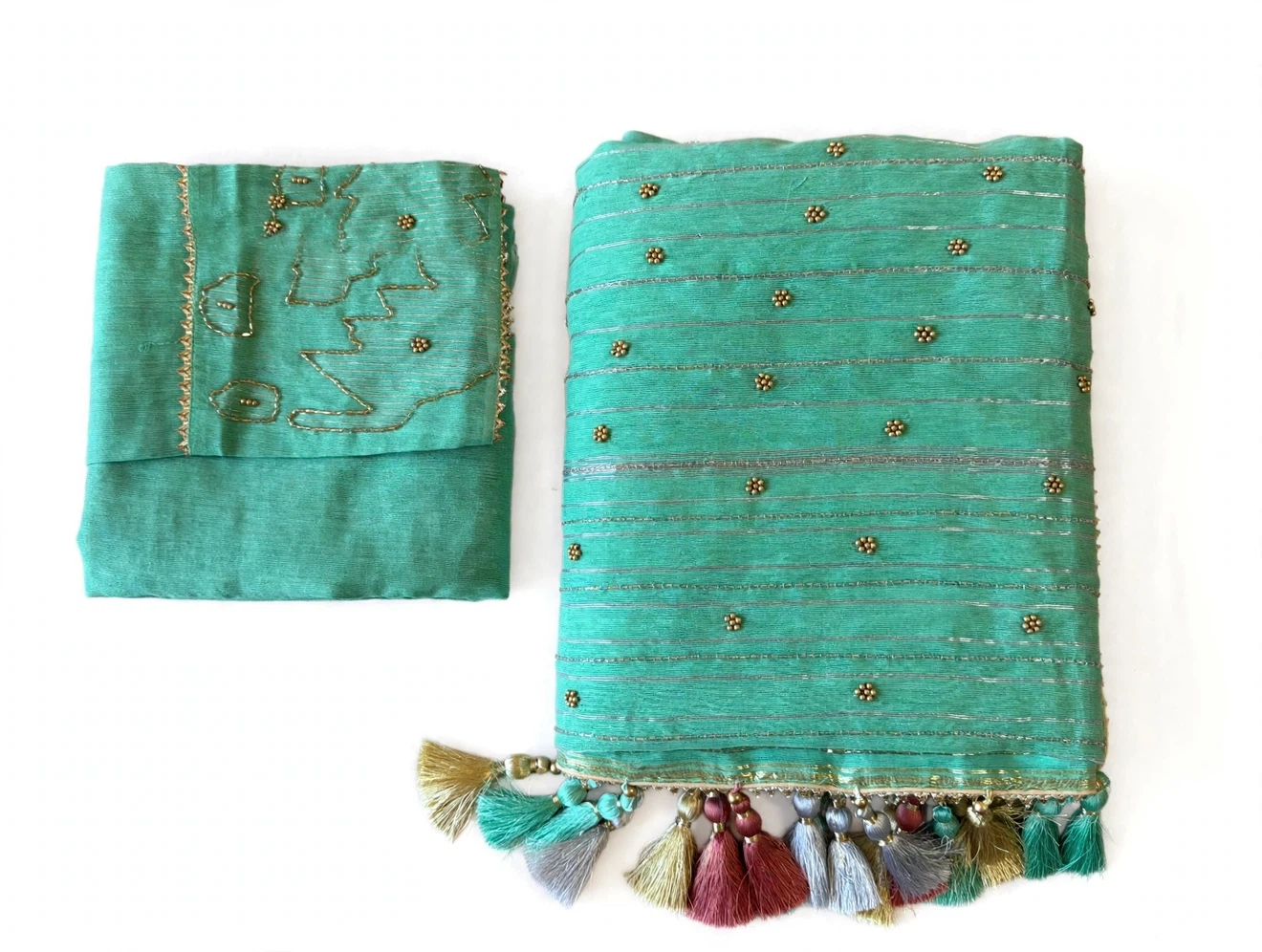Mint Green Karchupi Saree — Gold Zari, Blouse Included - photo 5