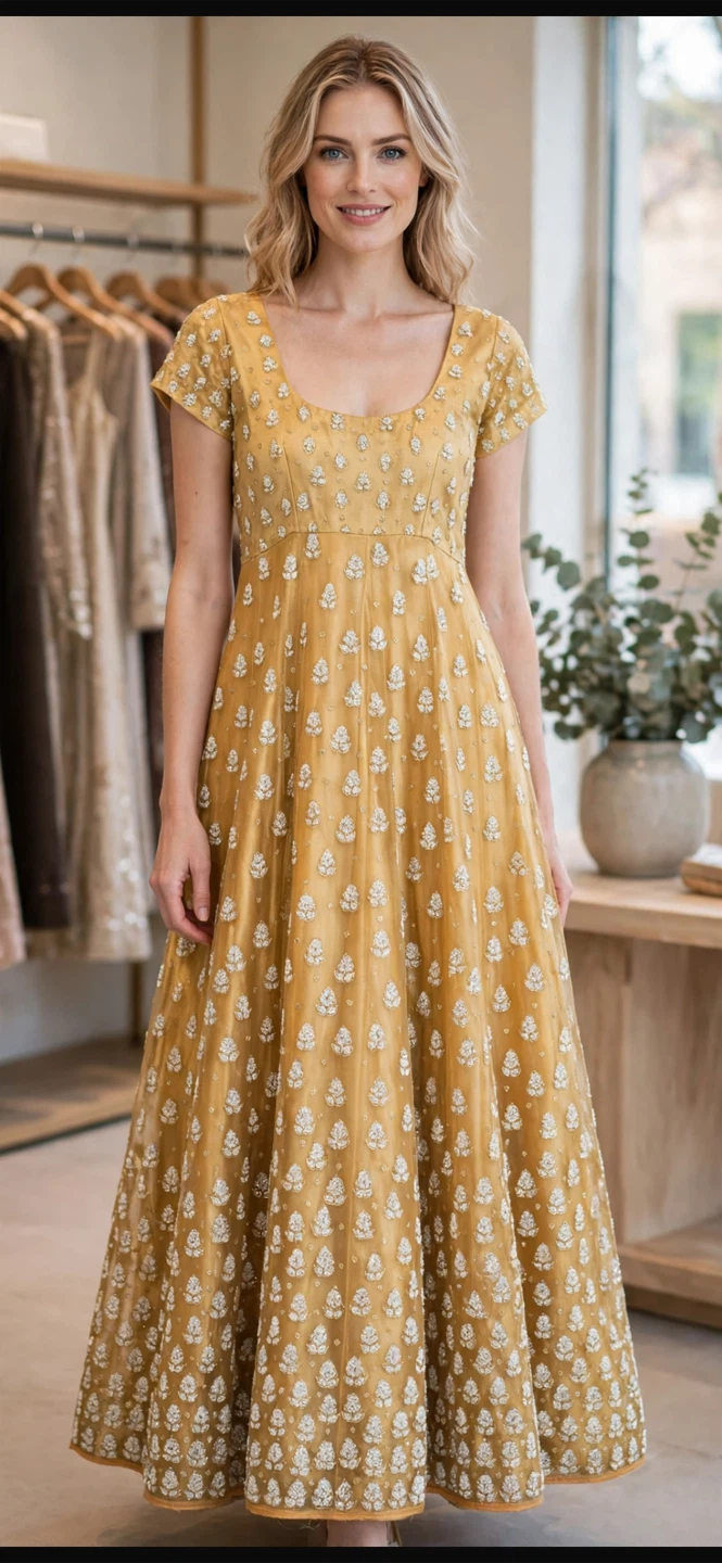 Gold Embroidered Floor Length Dress
