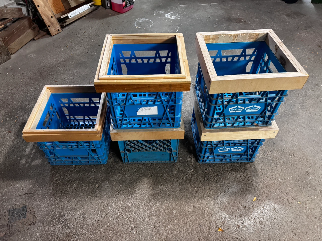 5 milk/record crates with wooden collars.