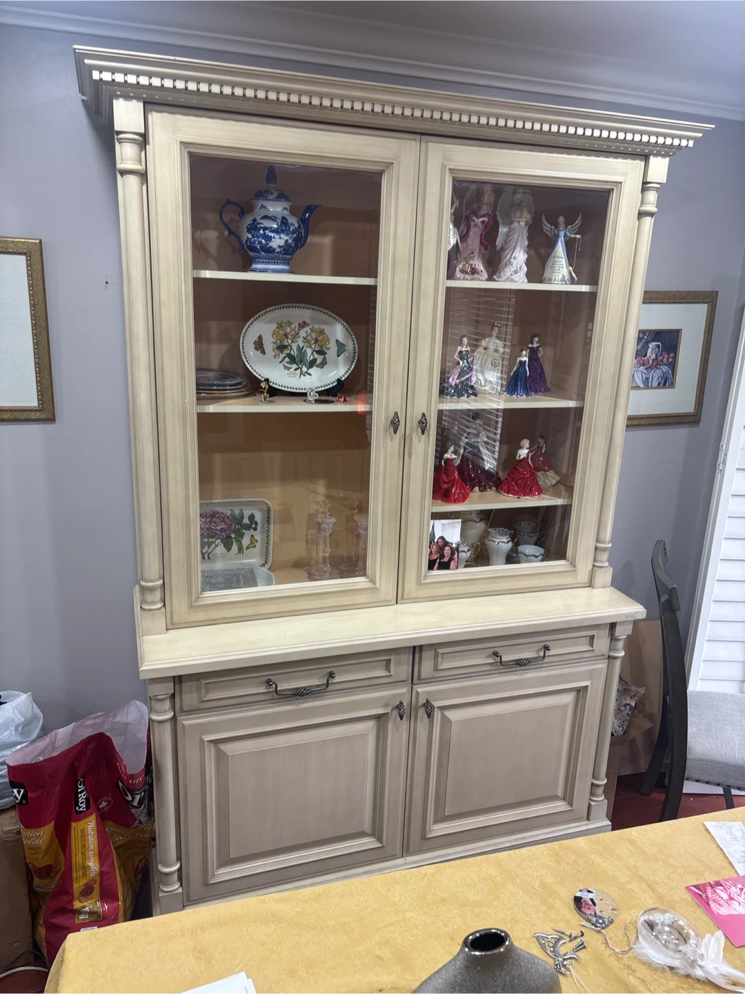 Cream Wood China Cabinet with Glass Display