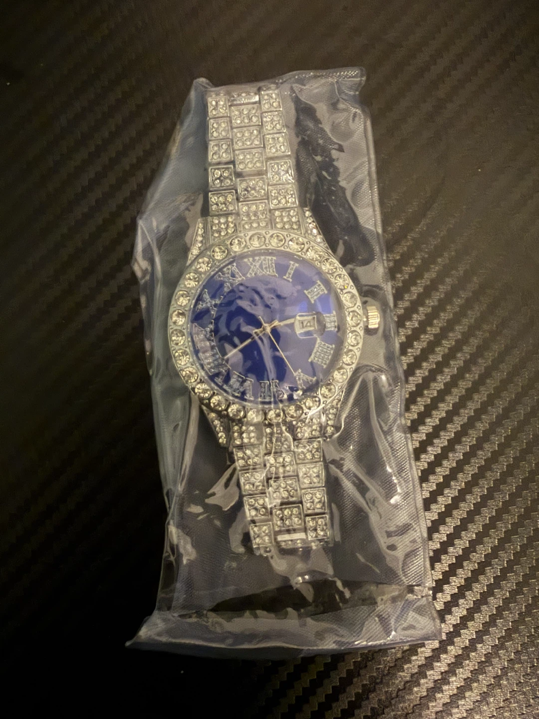 Iced Out Silver Tone Watch with Blue Face