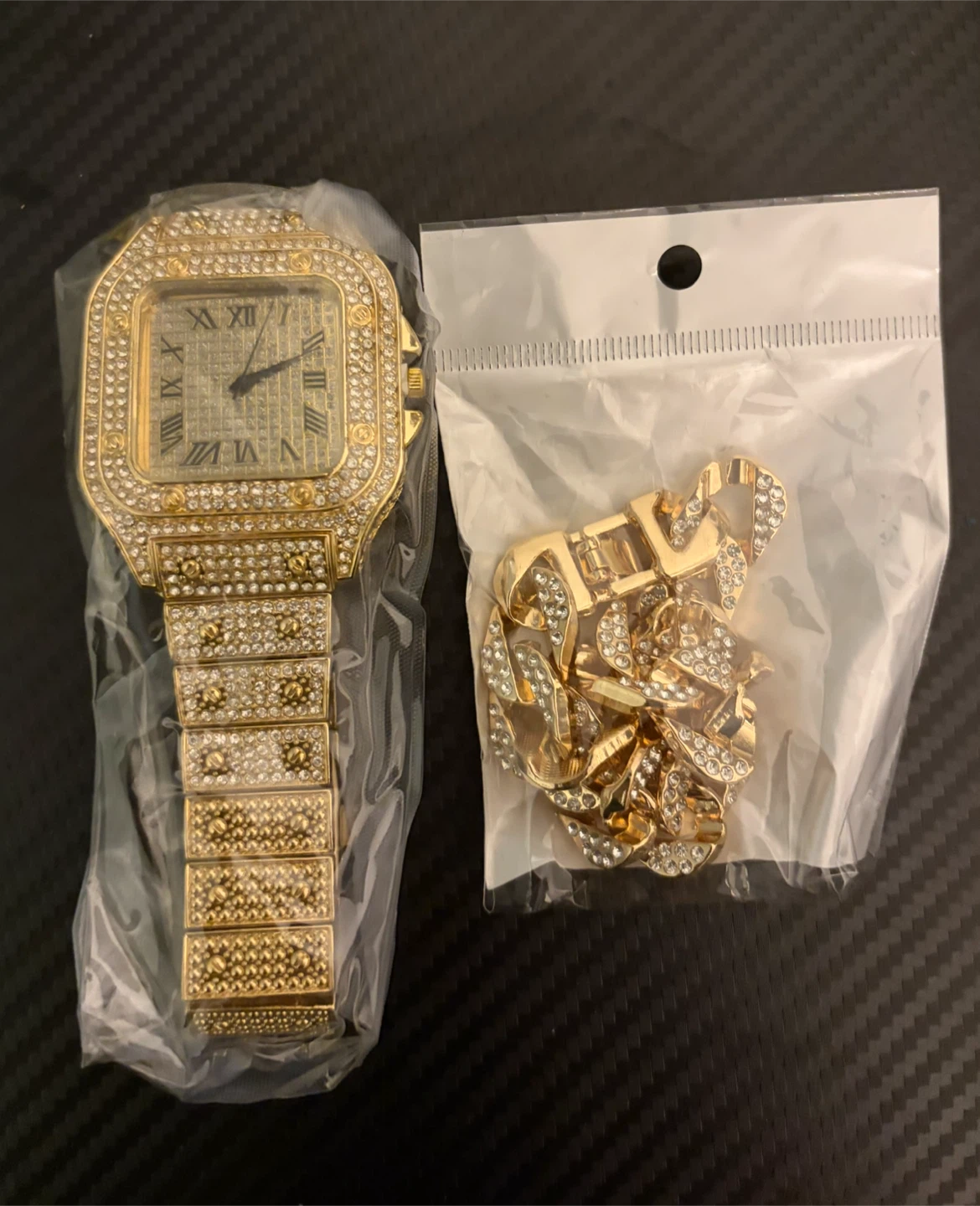 Gold-tone Iced Out Watch and Chain Set