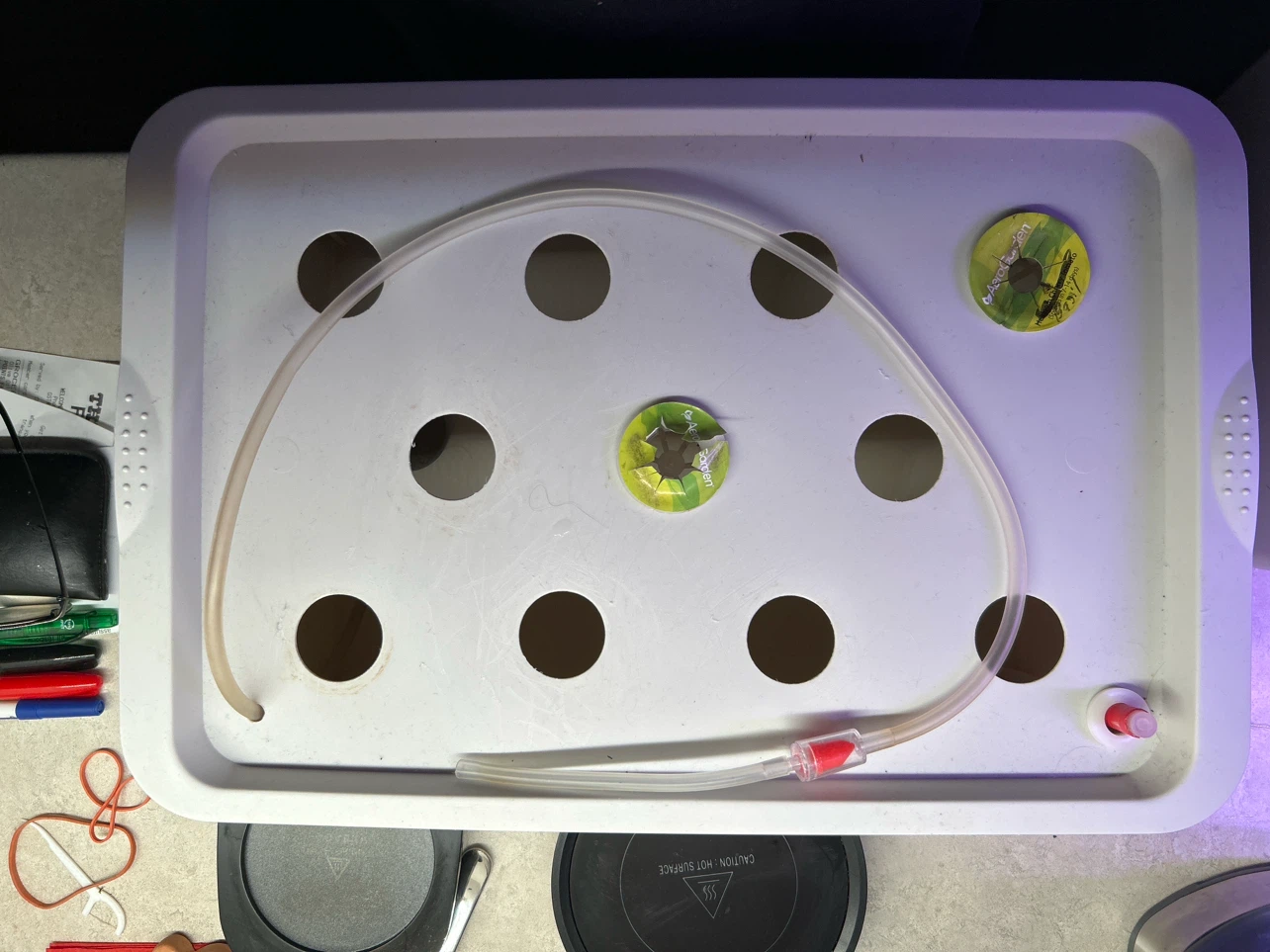 11-hole x2 hydroponic grow tubs with air lines and air stones.
