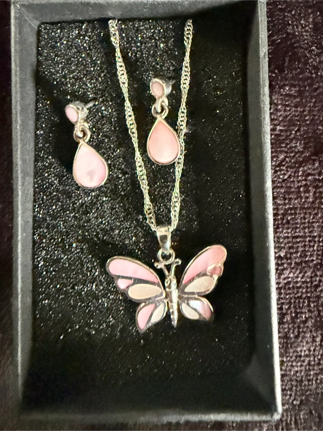 Sterling Silver Pink Butterfly Necklace and Earring Set