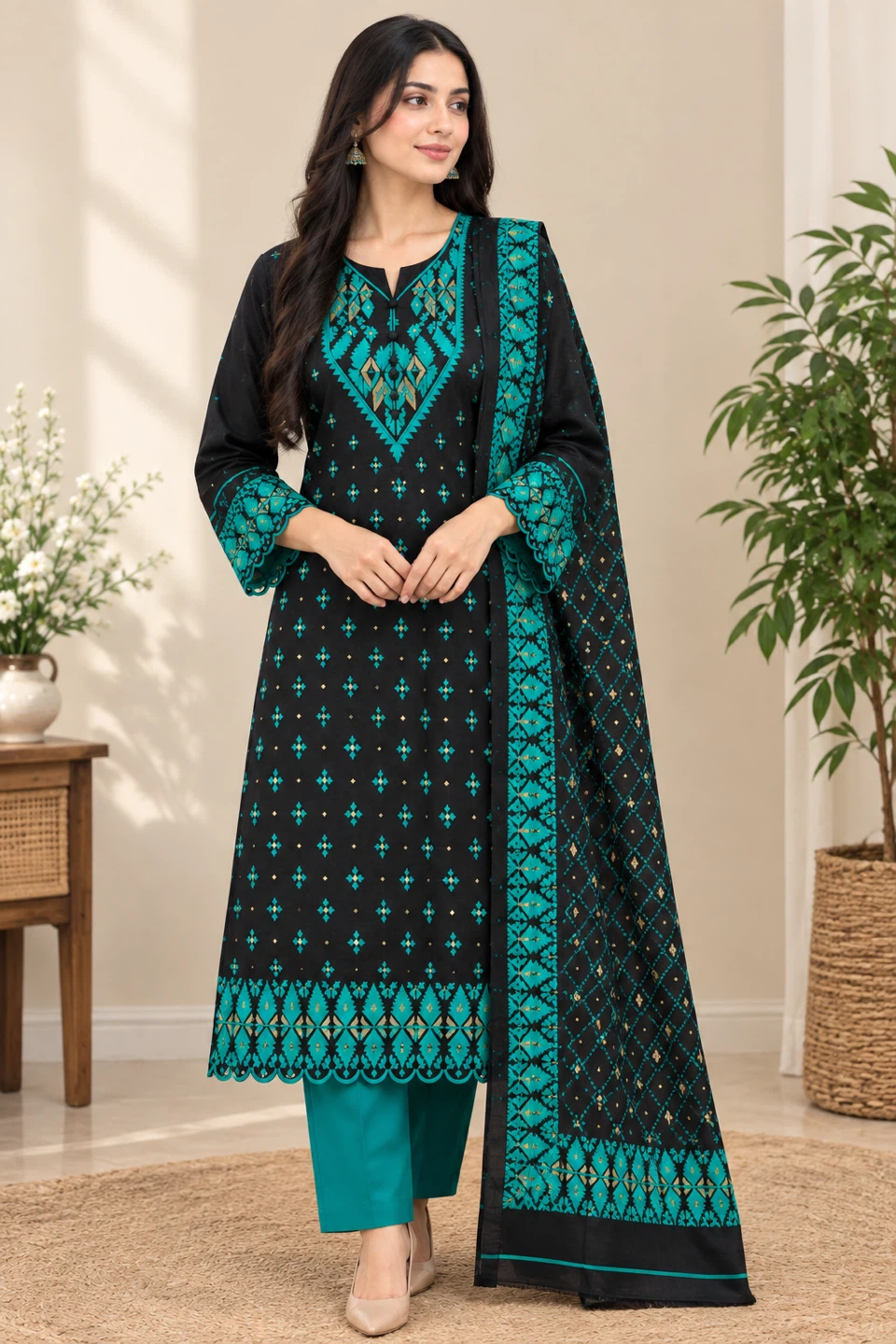 Black-Teal Jamdani 3-Piece Dress — Handloom, Size 44