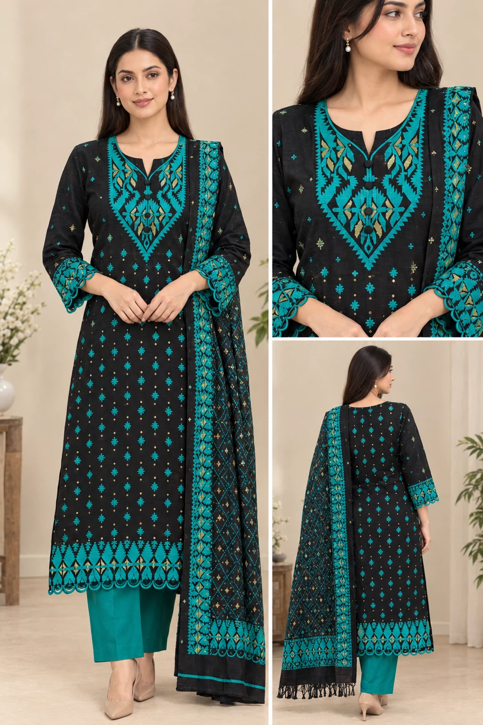 Black-Teal Jamdani 3-Piece Dress — Handloom, Size 44 - photo 2
