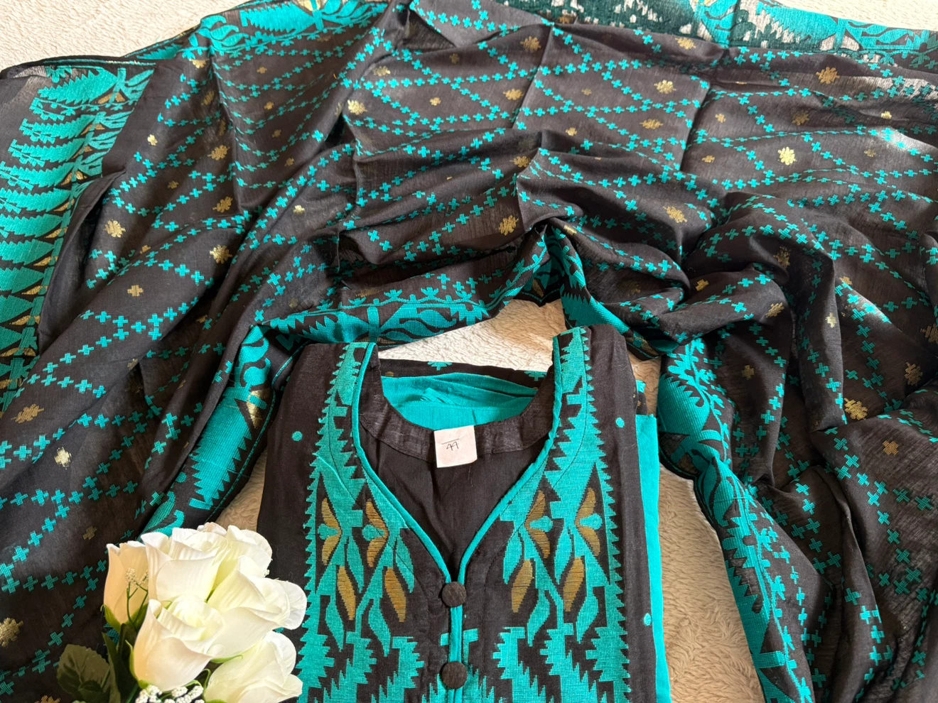 Black-Teal Jamdani 3-Piece Dress — Handloom, Size 44 - photo 3