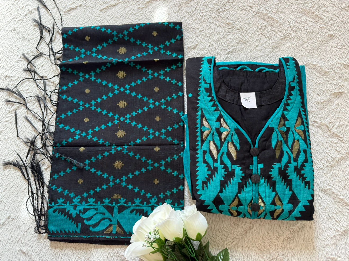 Black-Teal Jamdani 3-Piece Dress — Handloom, Size 44 - photo 5