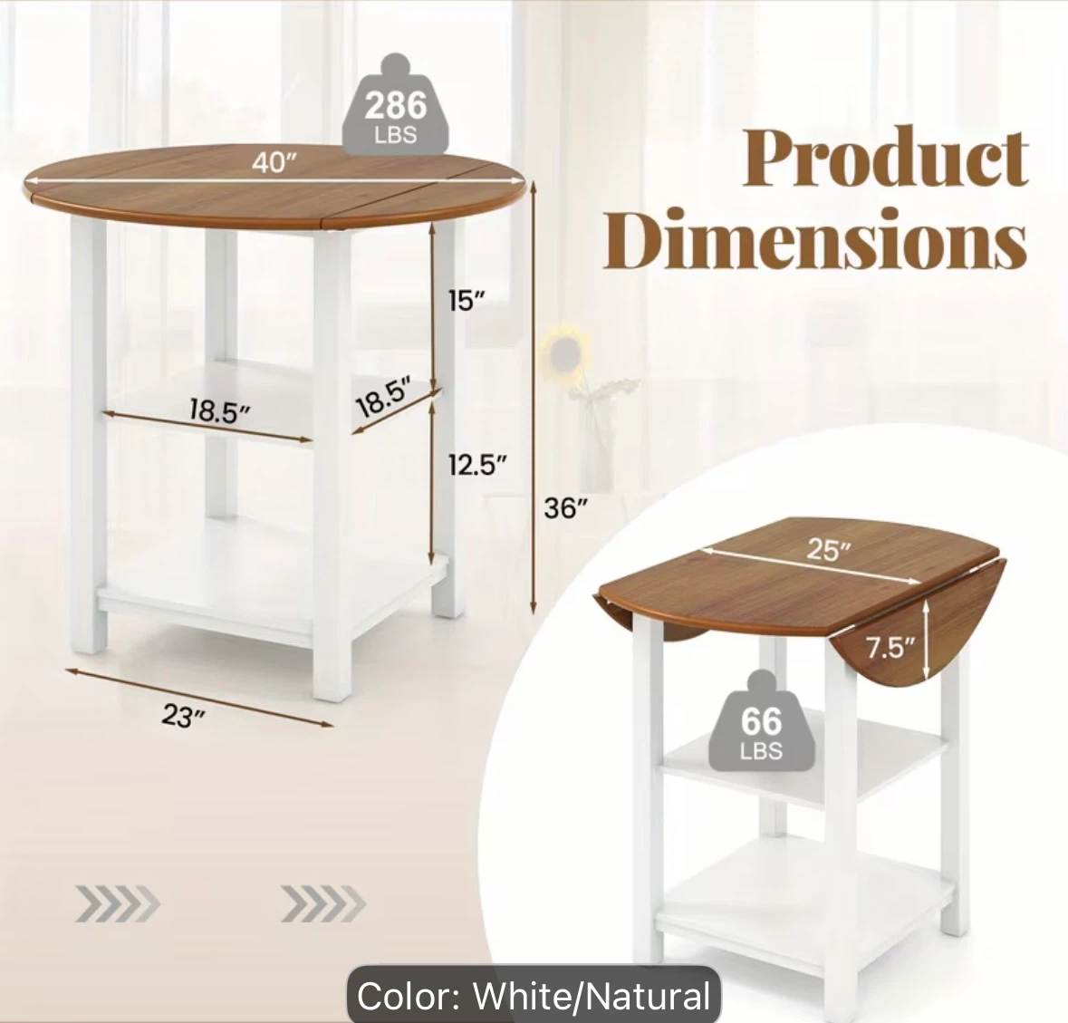 Drop Leaf Dining Table White and Natural