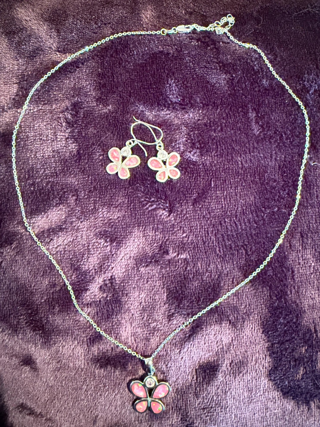 Sterling Silver set. Pink Butterfly Necklace and Earring Set
