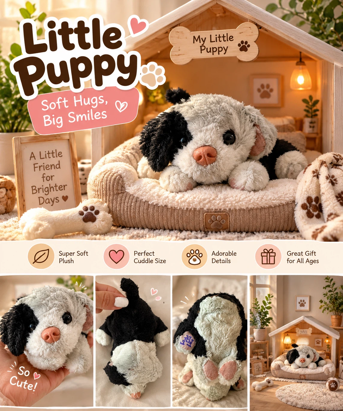 Black and white plush puppy toy