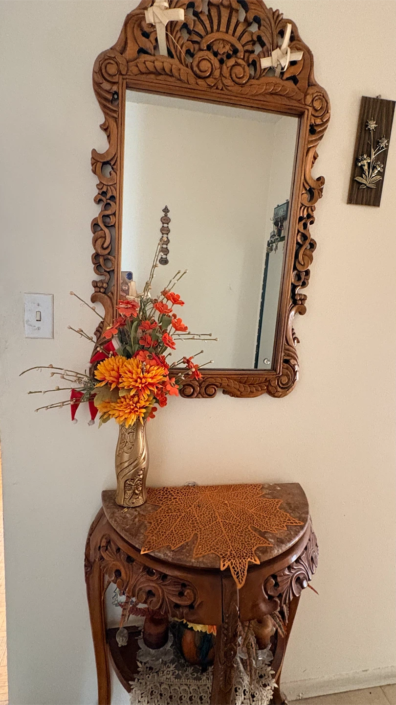 Ornate Carved Wood Console Table with Marble Top
