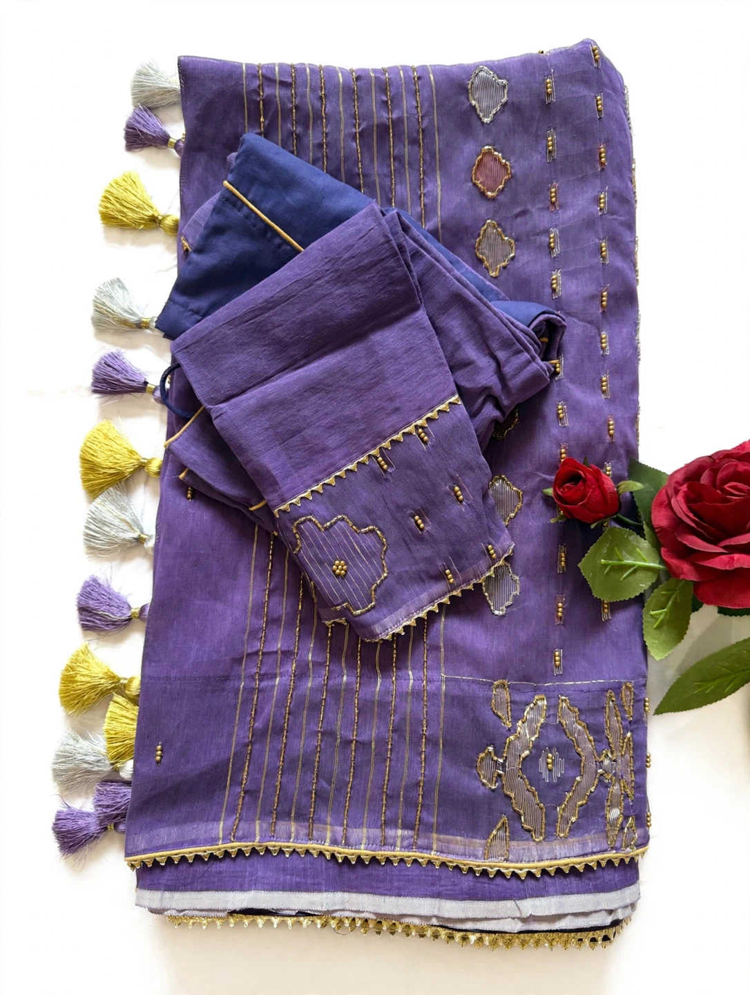Purple Jamdani Saree with Gold Zari Work — Blouse Included