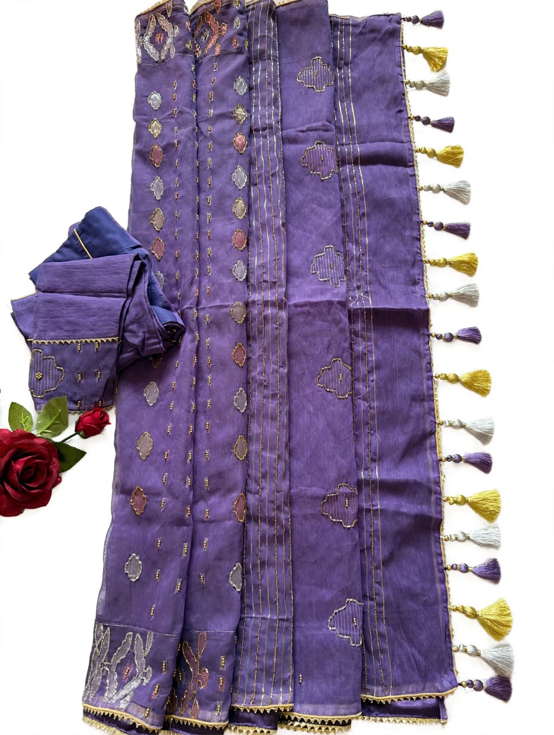 Purple Jamdani Saree with Gold Zari Work — Blouse Included - photo 2