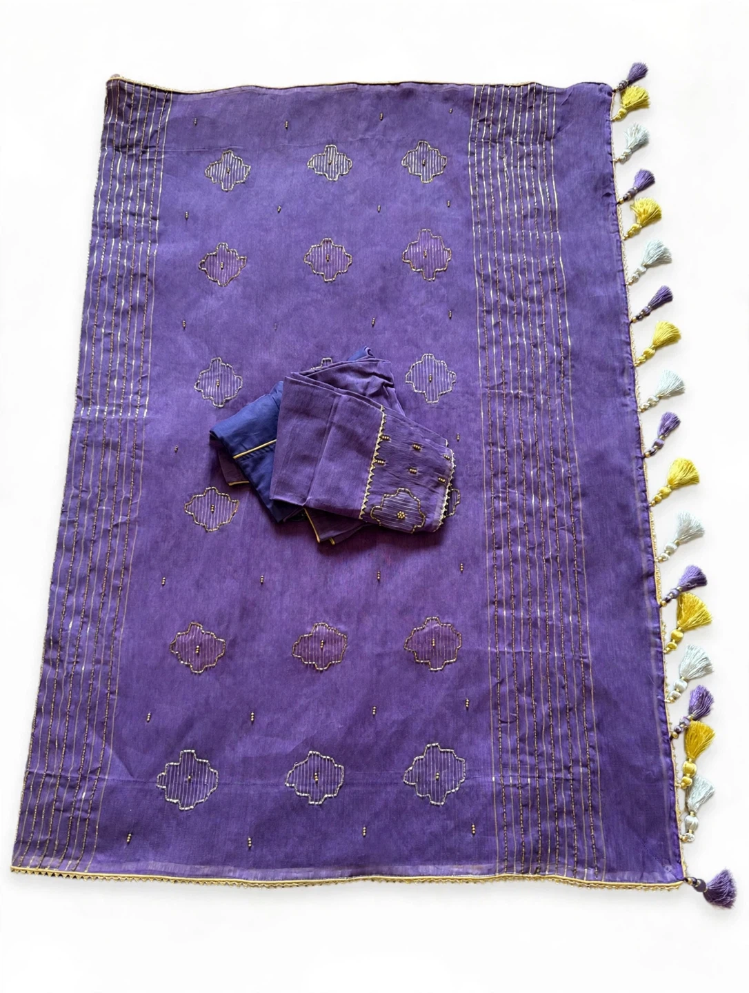 Purple Jamdani Saree with Gold Zari Work — Blouse Included - photo 3