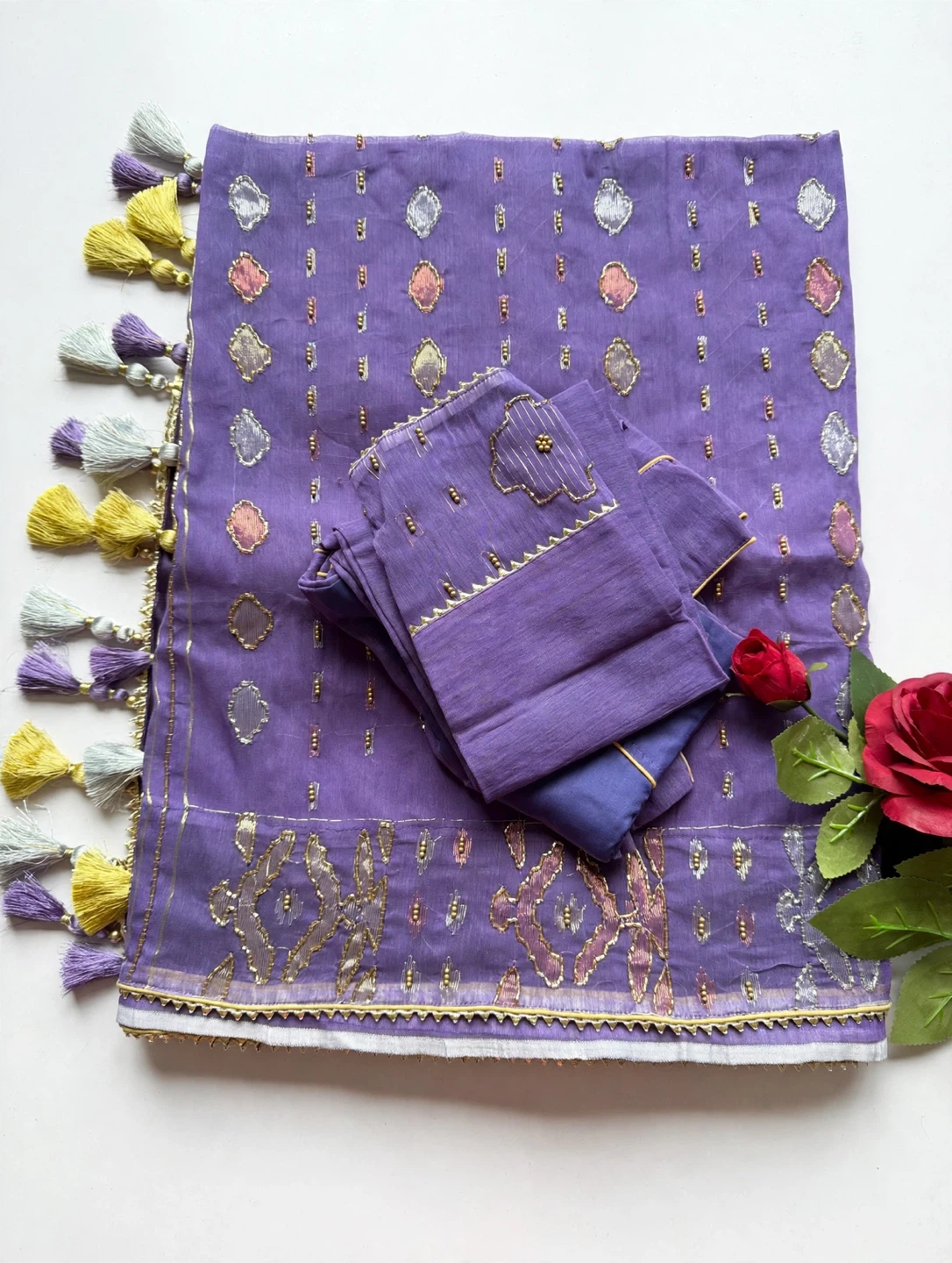 Purple Jamdani Saree with Gold Zari Work — Blouse Included - photo 4
