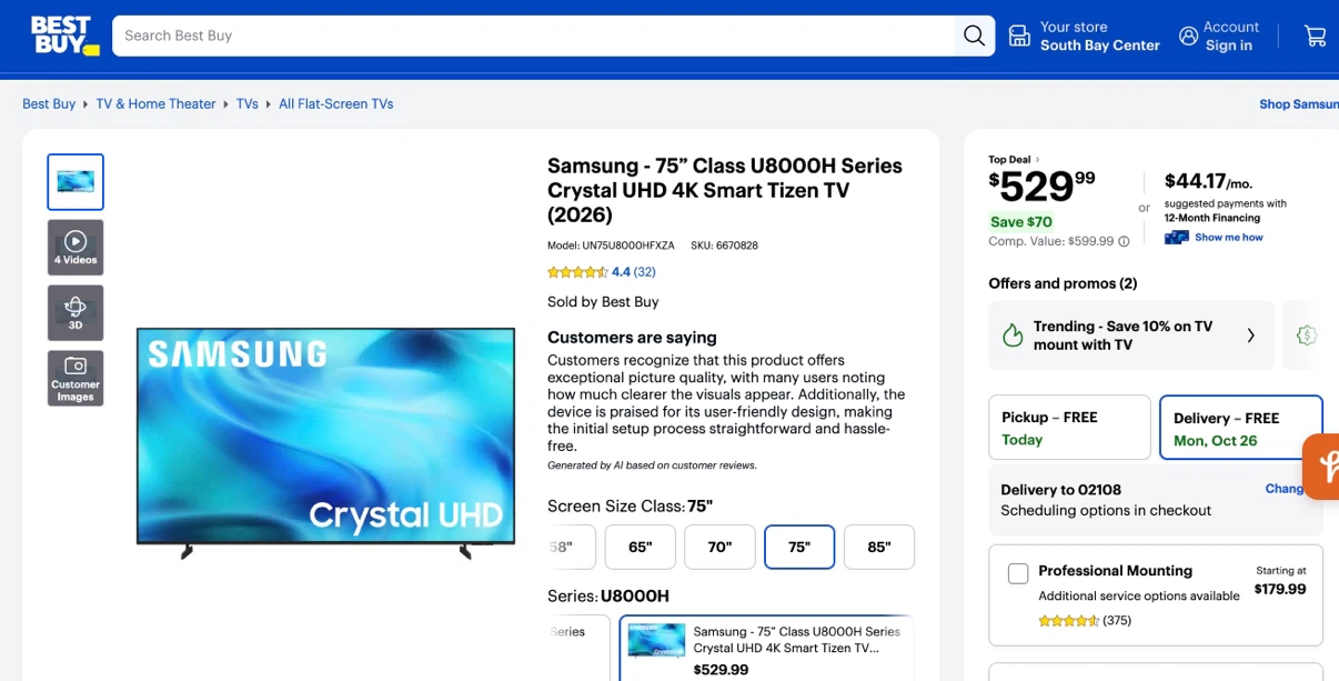 Samsung 75-inch Class U8000H Crystal UHD 4K Smart TV