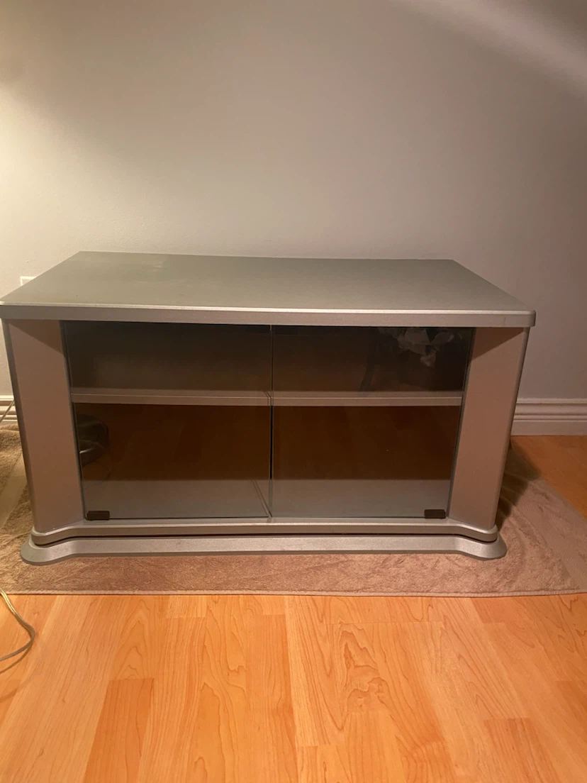 Silver TV Stand with Glass Doors