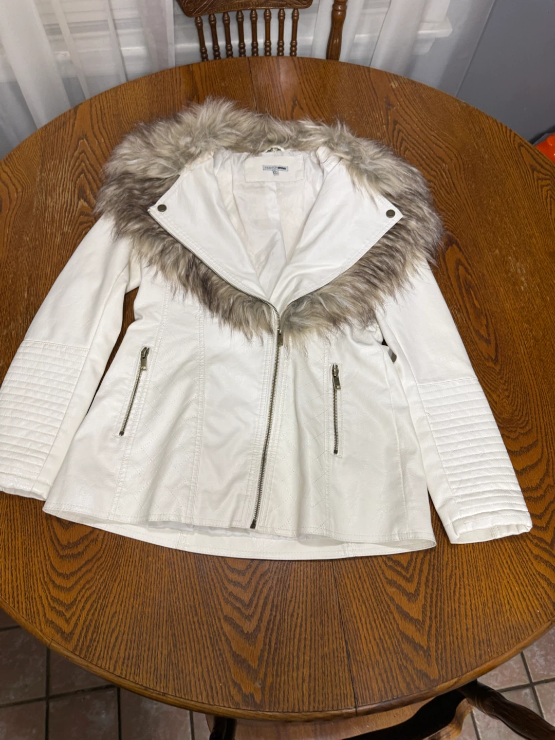 Fashion Nova White Faux Leather Jacket with Fur Collar