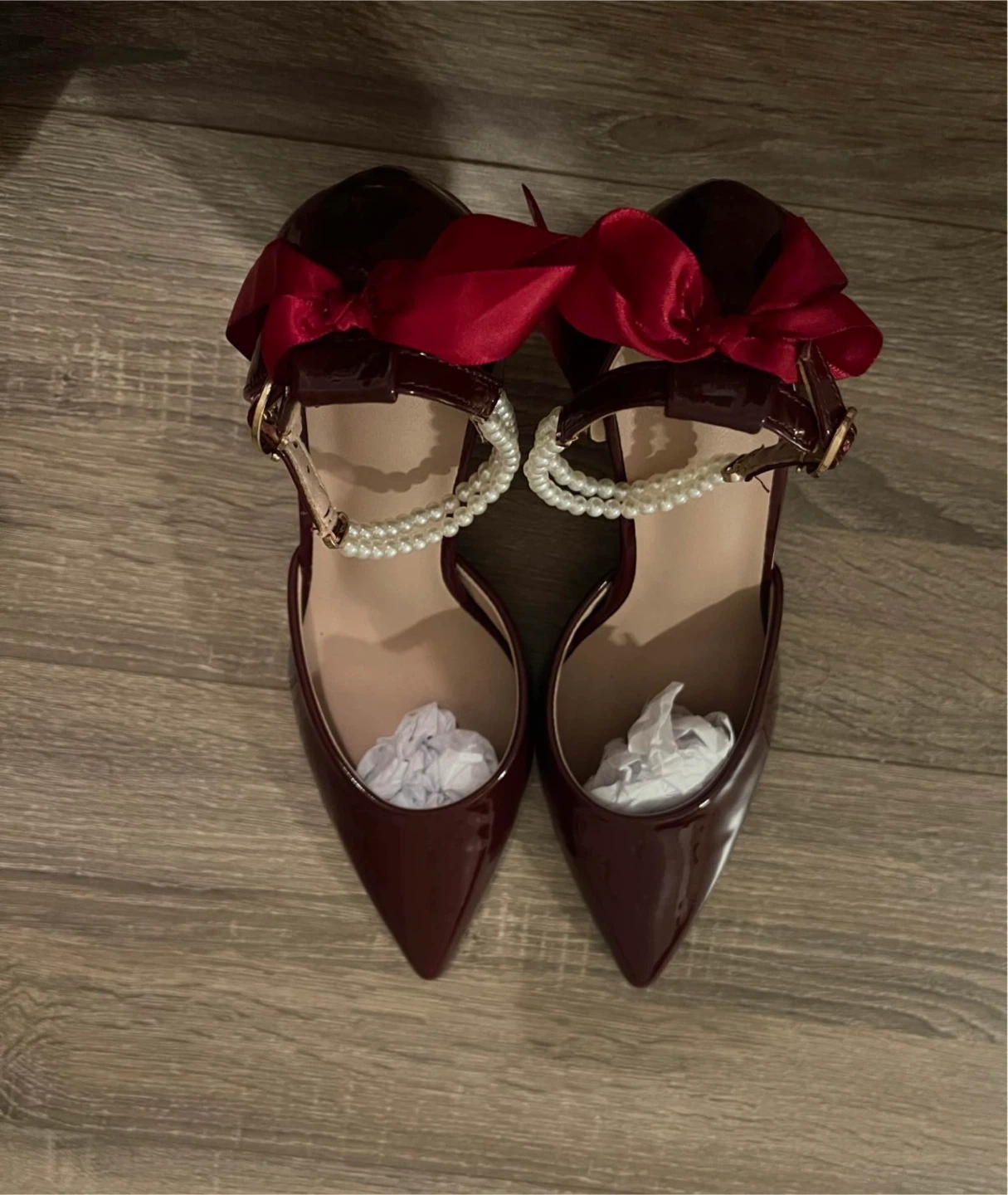 Burgundy Stilletos with Pearl Ankle Straps