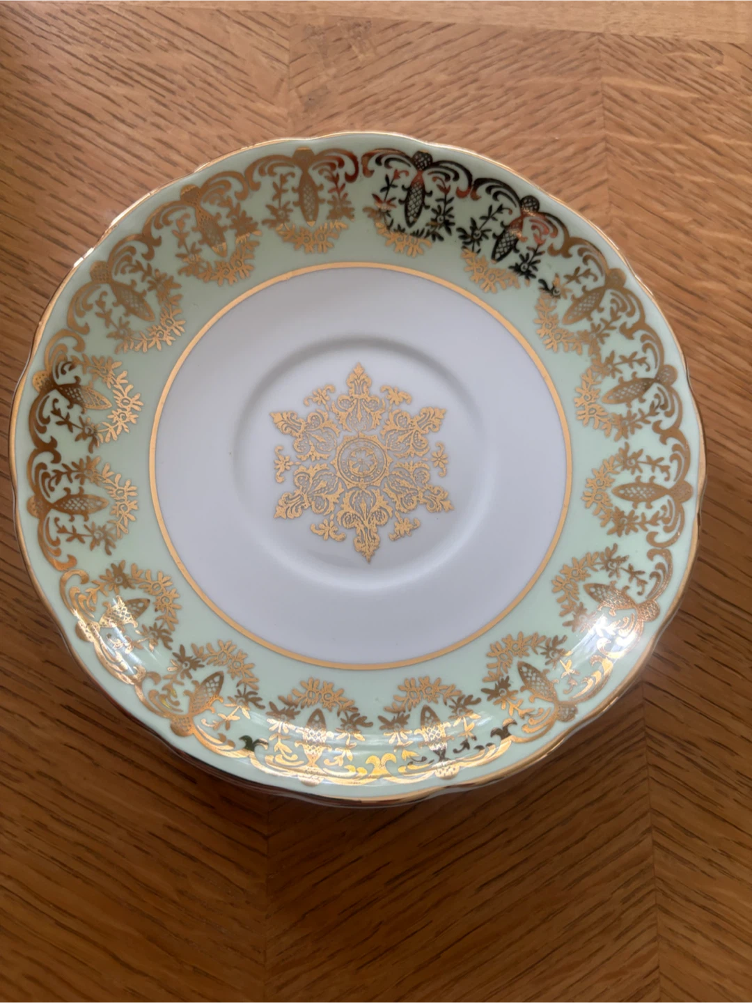 Vintage Pale Green and Gold Porcelain Saucer
