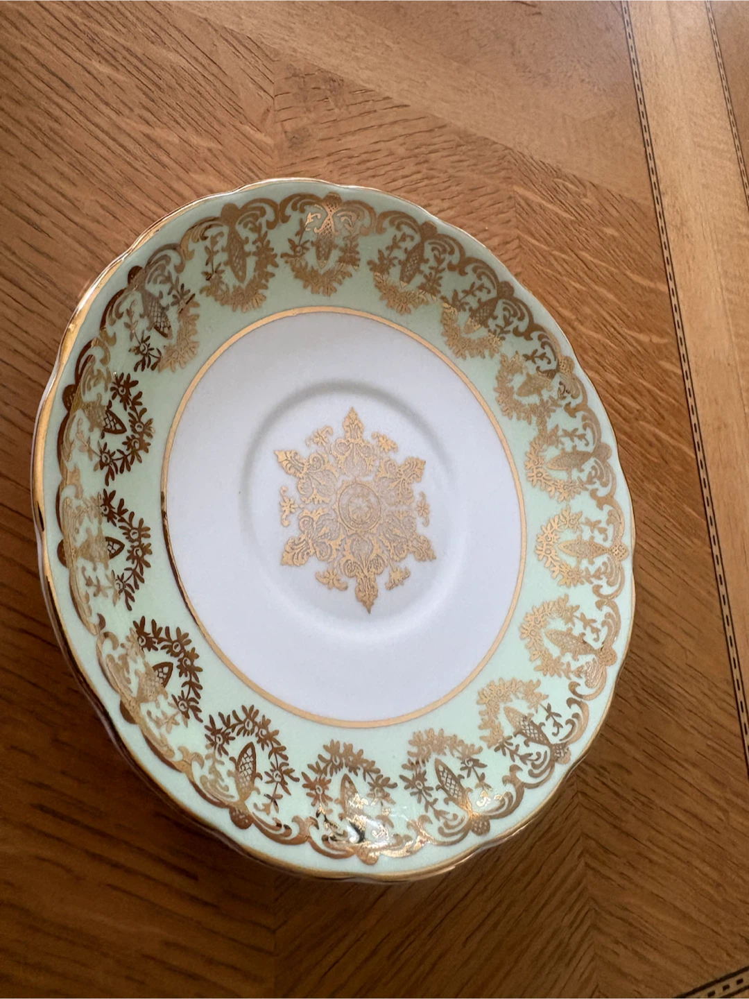 Vintage Pale Green and Gold Porcelain Saucer - photo 2