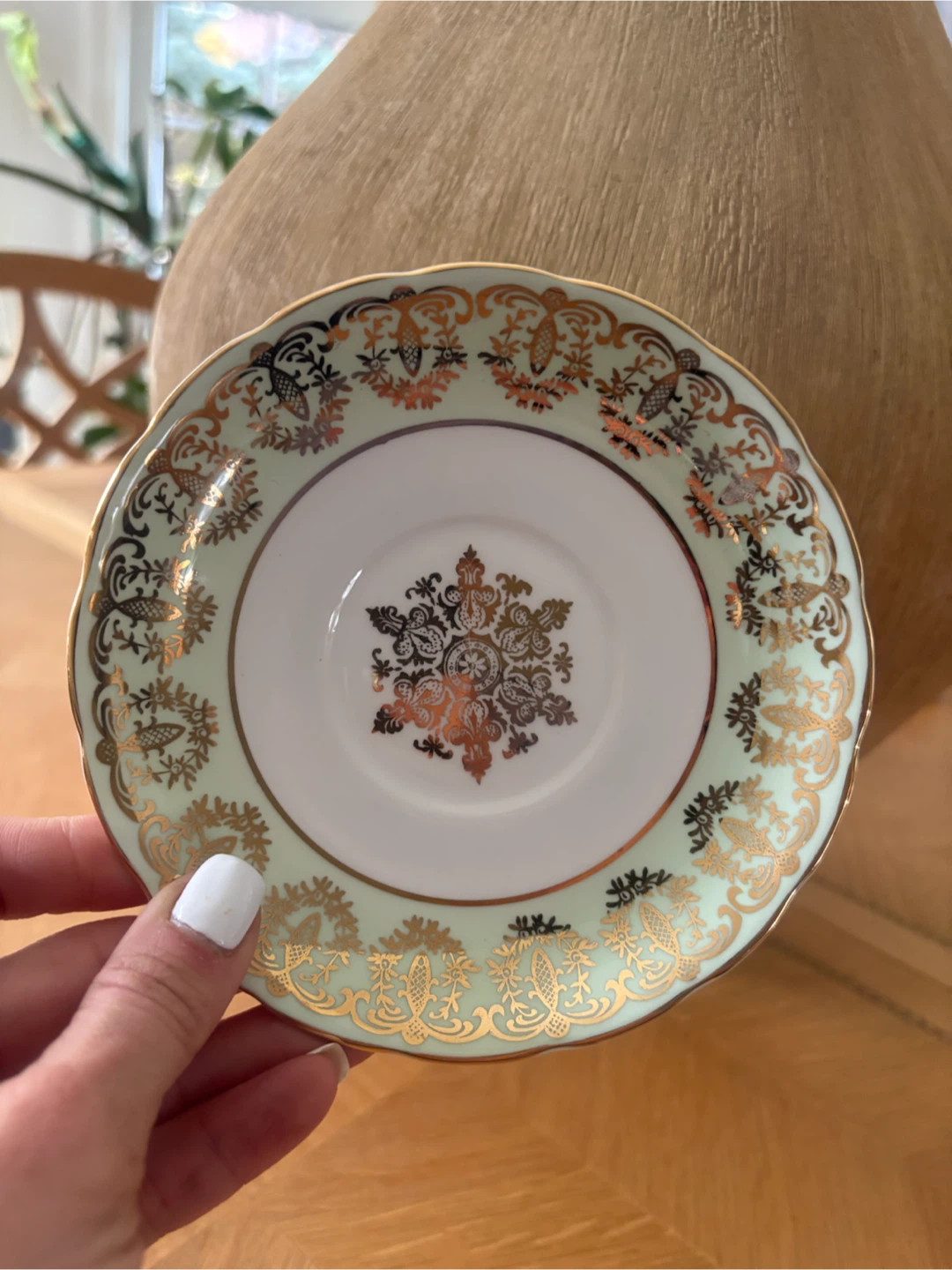 Vintage Pale Green and Gold Porcelain Saucer - photo 5
