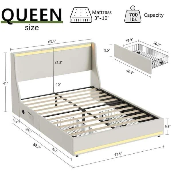 Queen Size Upholstered LED Bed with Storage