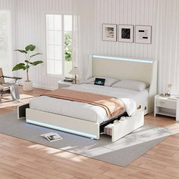 Queen Size Upholstered LED Bed with Storage - photo 2