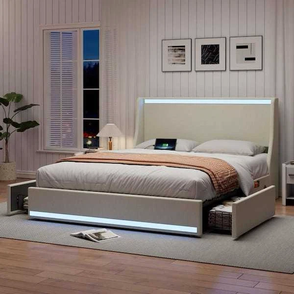 Queen Size Upholstered LED Bed with Storage - photo 5