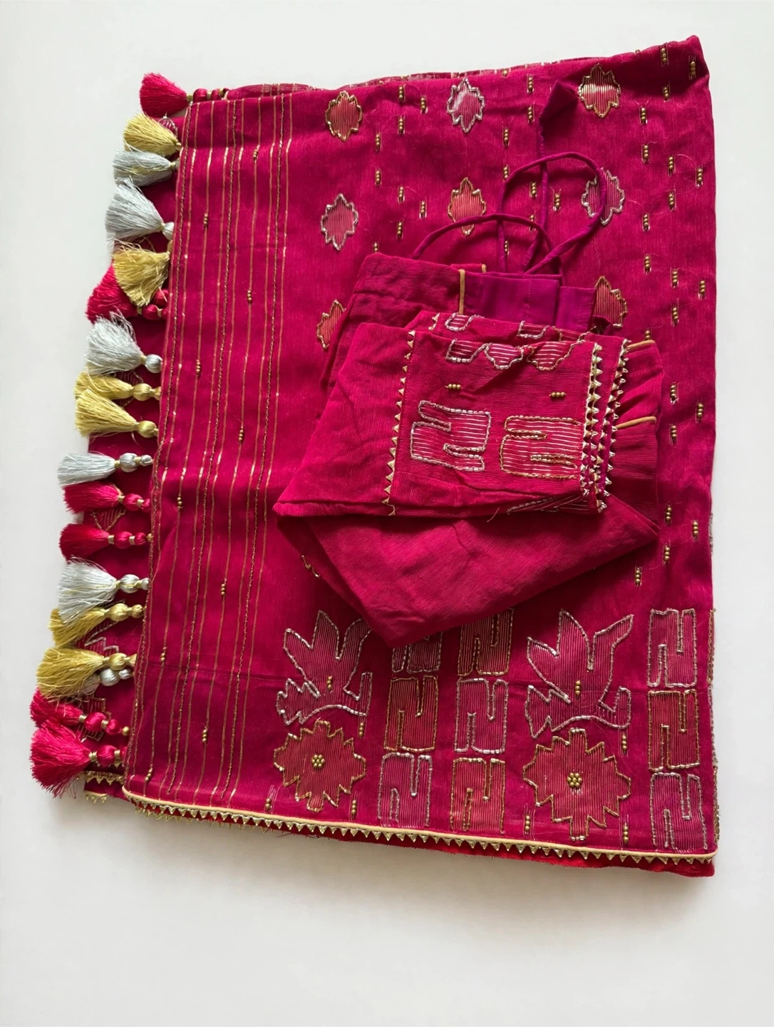 Rani Pink Handloom Jamdani Saree with Karchupi Work - photo 3