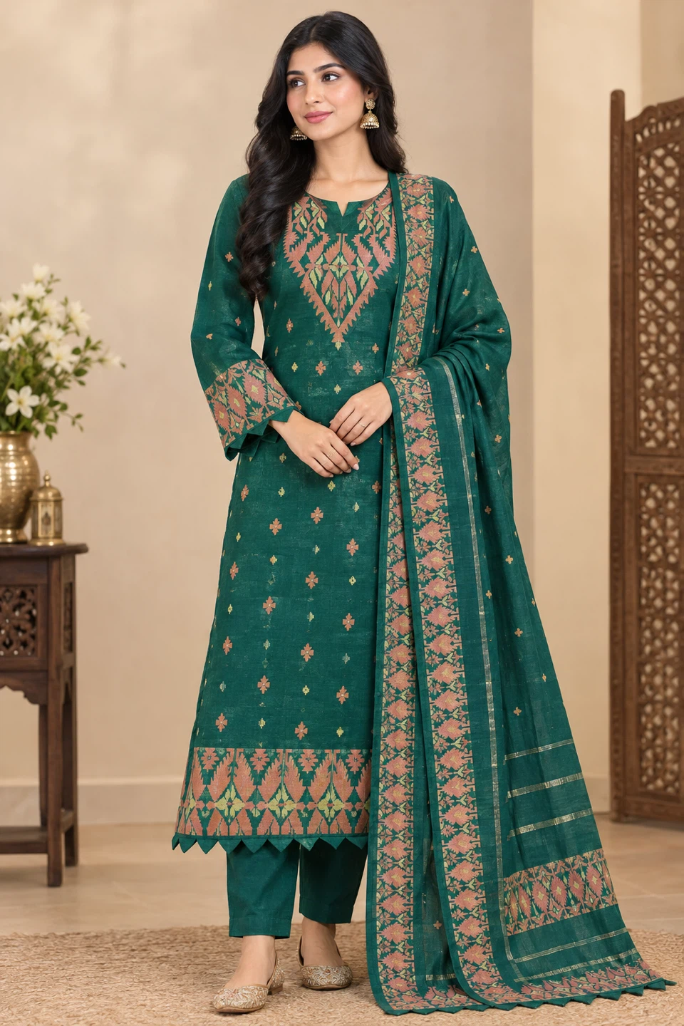 Green Jamdani 3-Piece Dress — Handloom