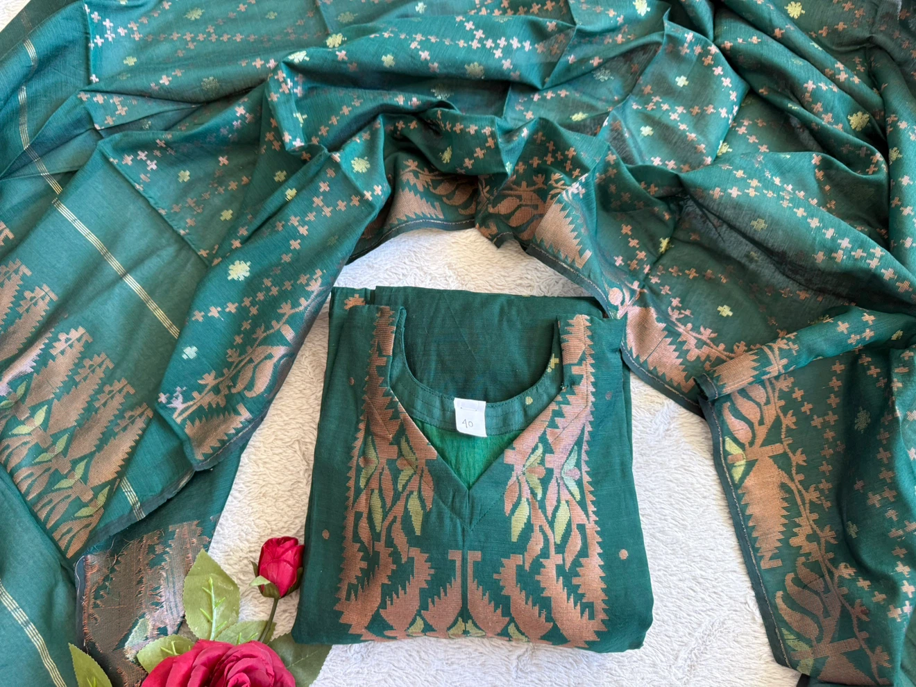 Green Jamdani 3-Piece Dress — Handloom - photo 2
