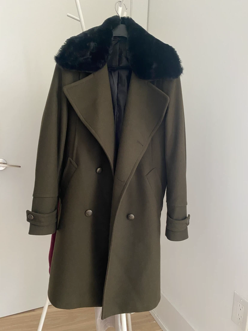 Olive Green Winter Coat with Black Faux Fur Collar