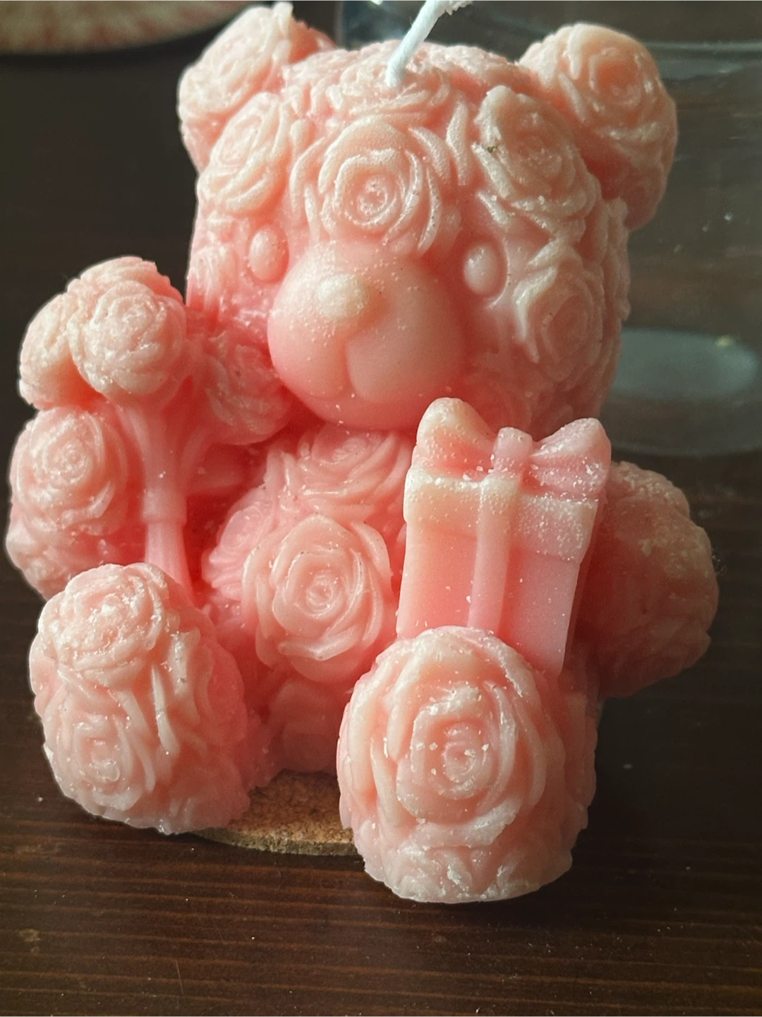Pink Carved rose teddy bear candle