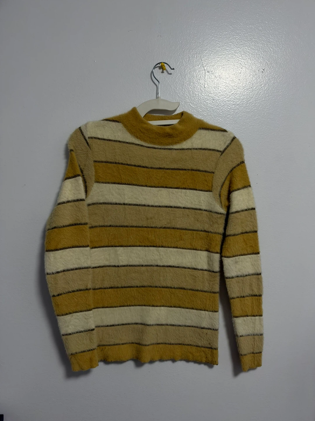 Striped Mock Neck Fuzzy Sweater