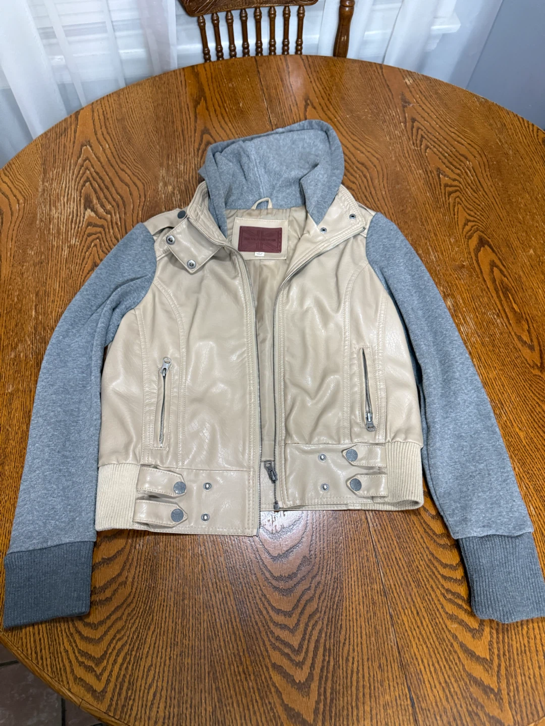 Brian Lichtenberg Cream Faux Leather Jacket with Hoodie