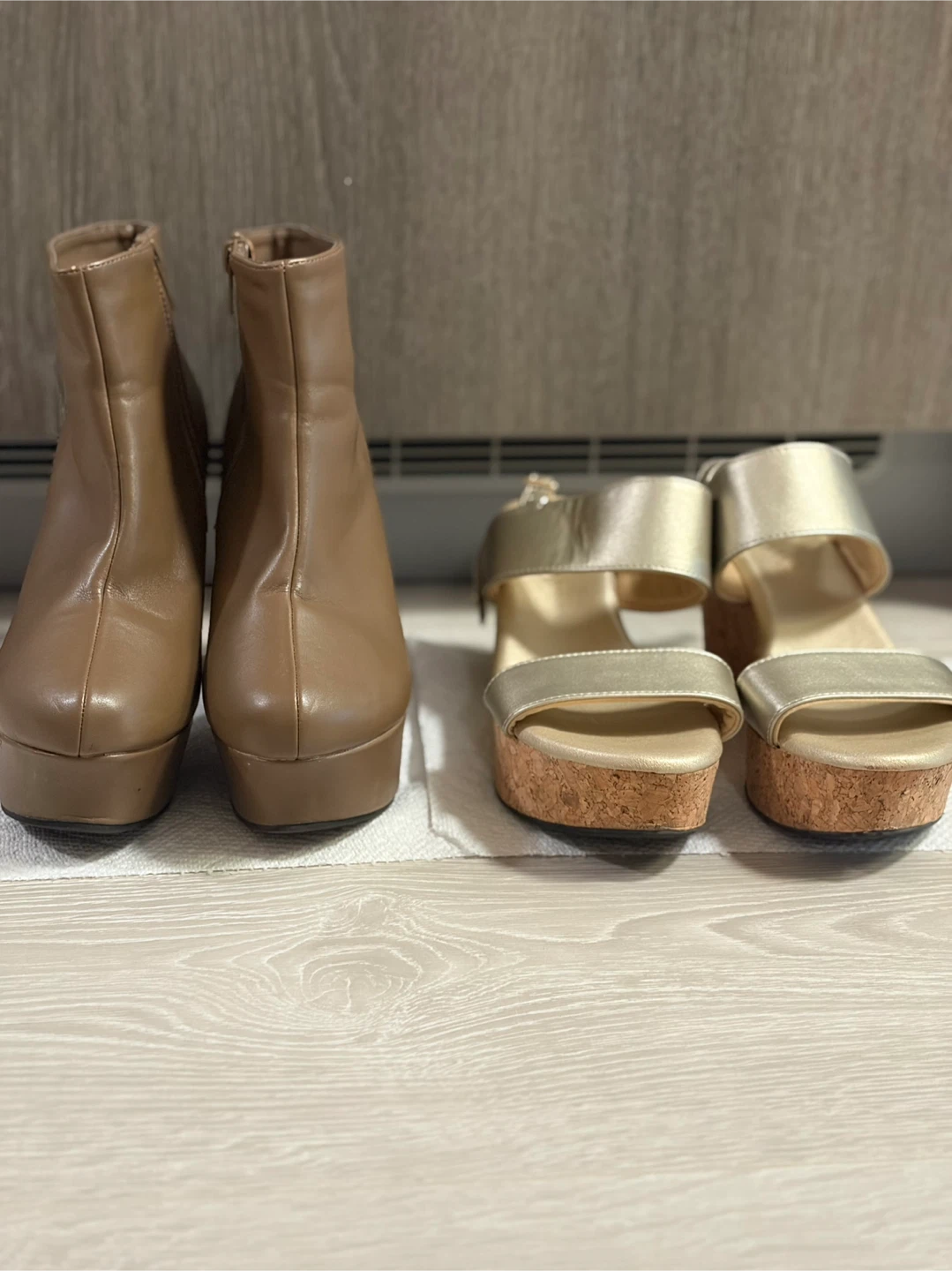 Set of 2 Shoes: Beige Boots & Gold Sandals (Size 23cm / US 6)