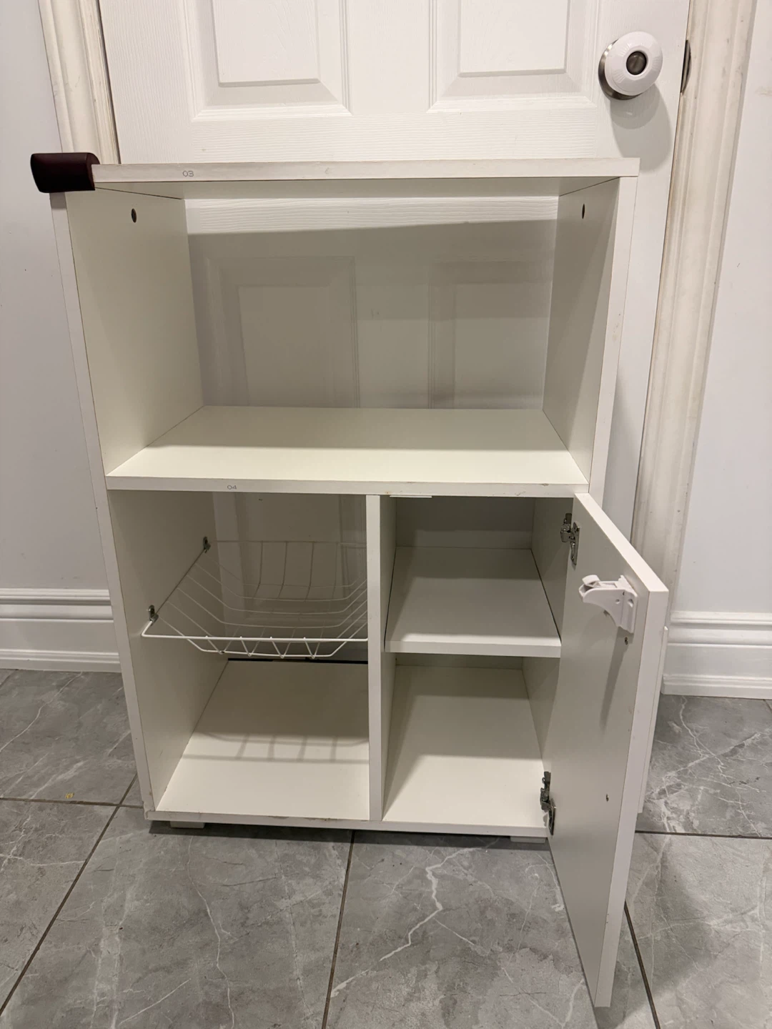 White storage cabinet with wire basket - photo 2