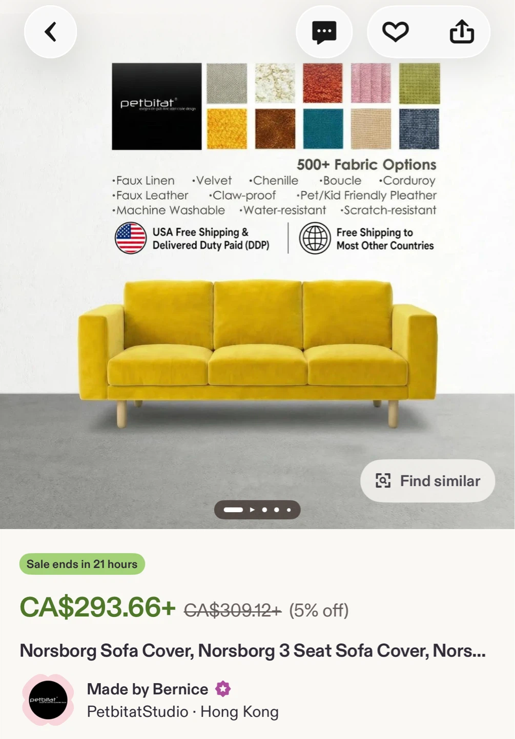 Yellow Velvet 3-Seater IKEA Sofa - photo 5