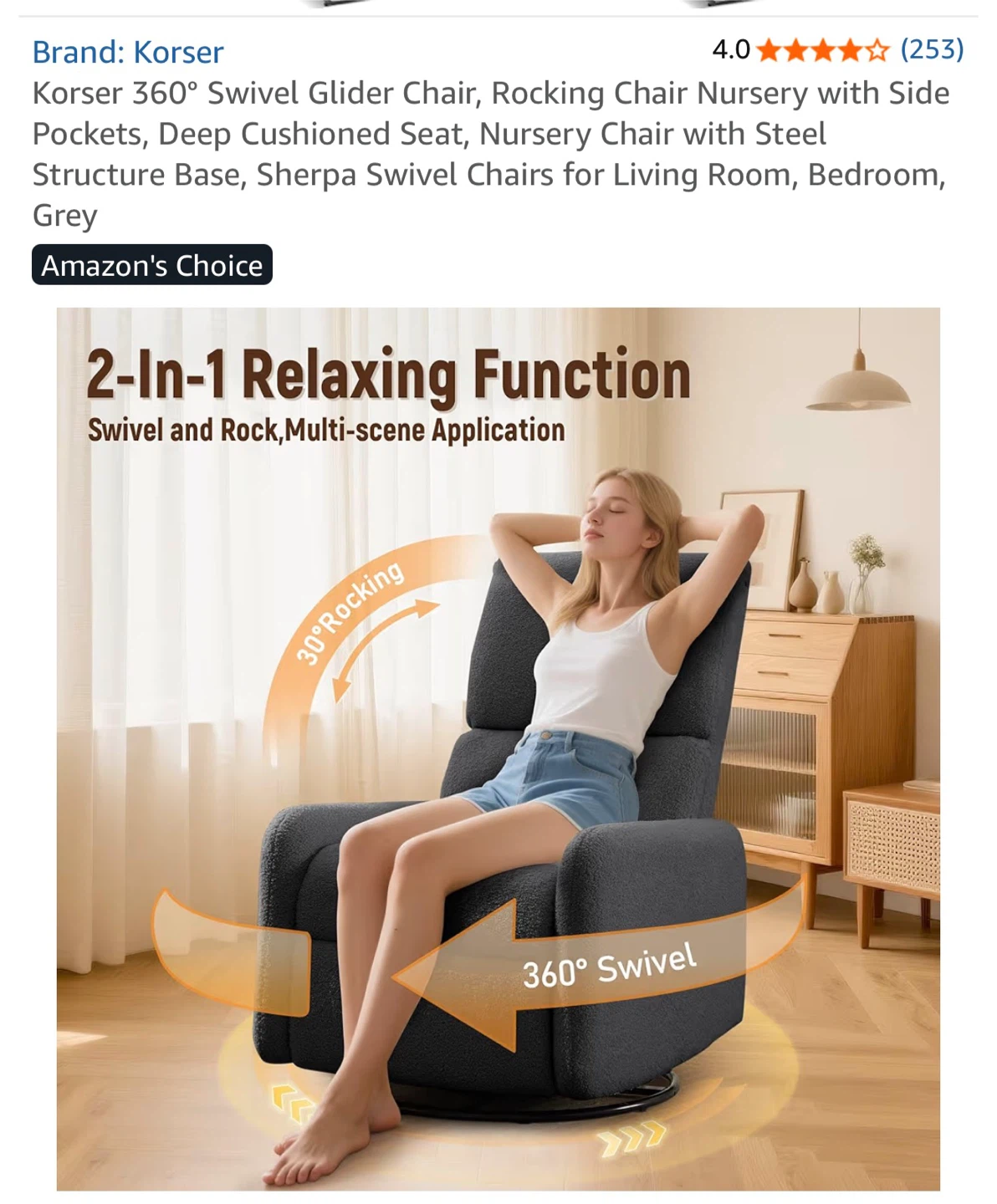 Korser 360° Swivel Glider Chair - Grey - photo 4