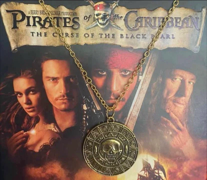 Pirates of the Caribbean Gold Skull Aztec Coin Necklace