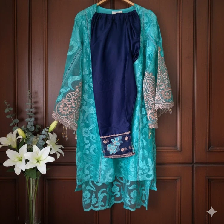 Turquoise Embroidered Pakistani Suit Set - photo 2