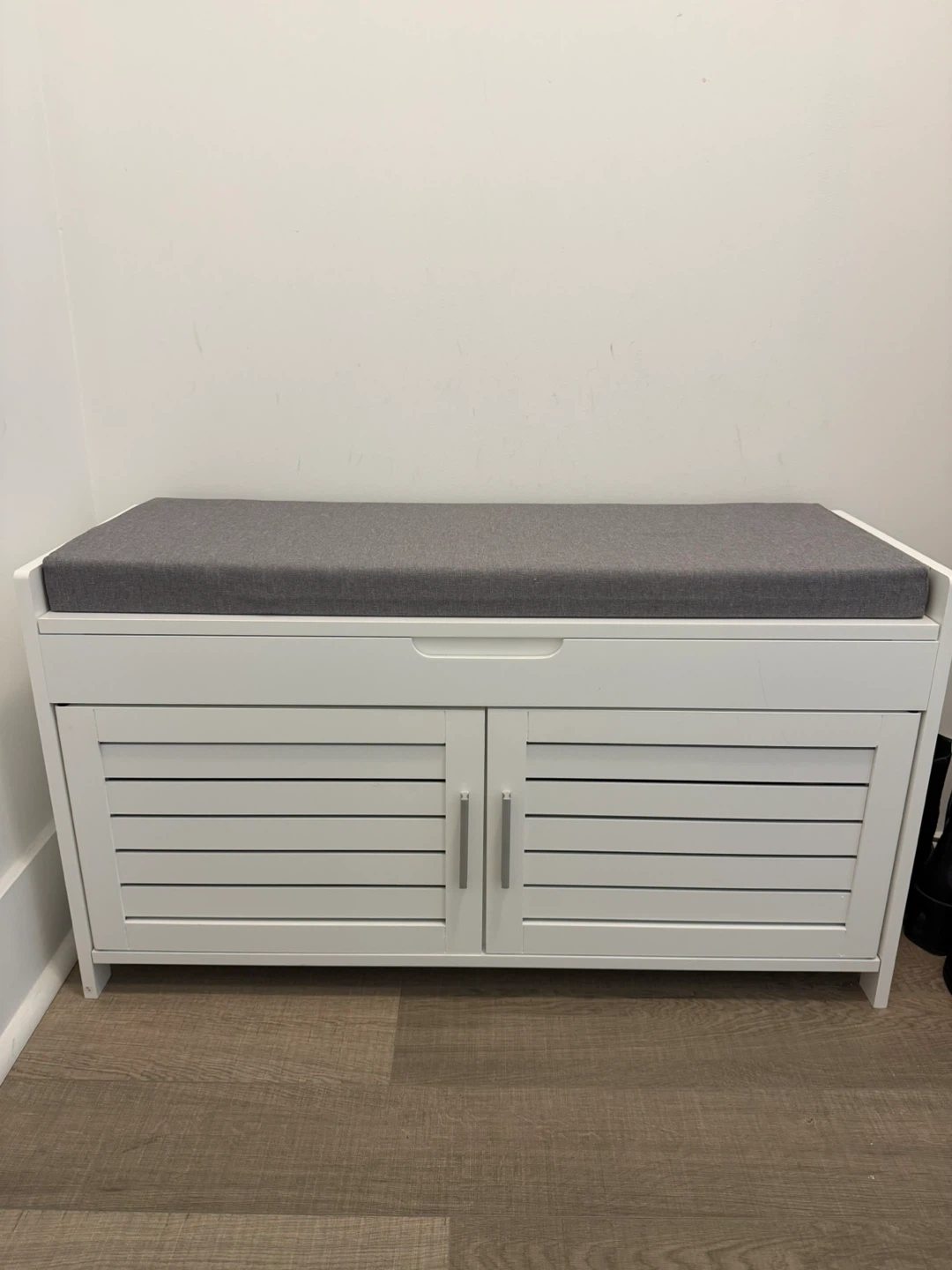White Storage Bench with Grey Cushion