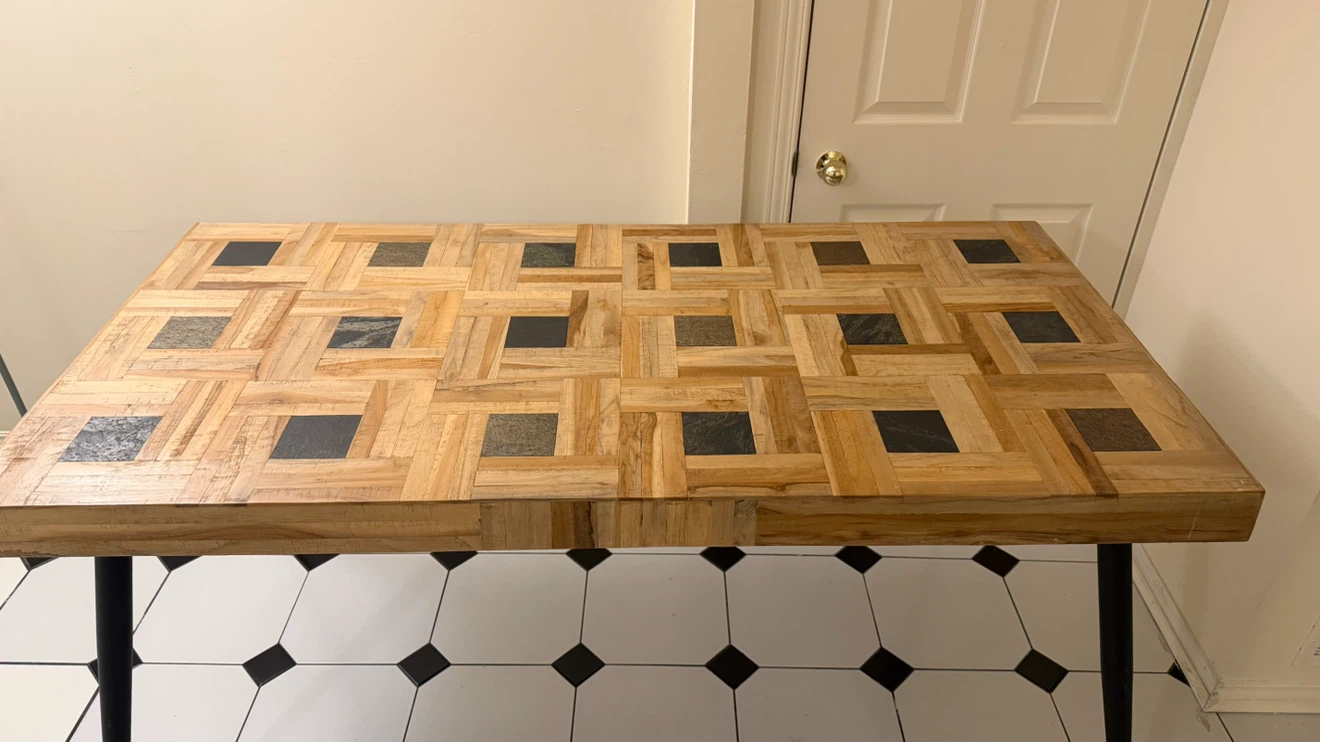 Wooden Dining Table with Geometric Tile Inlay